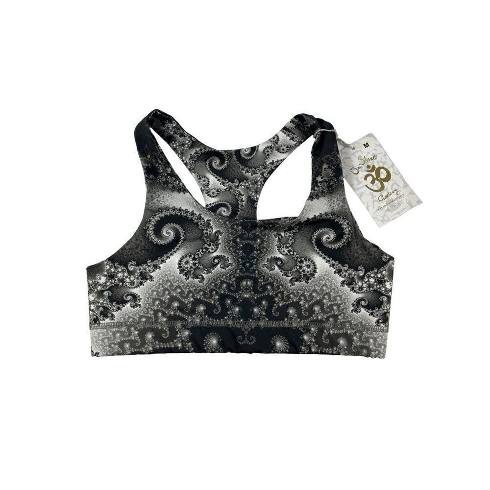 Om Shante Gray Sports Bra Medium Grey Seahorse Spiral Fractal Galaxy Print